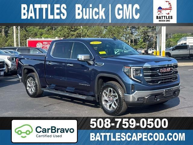 2023 GMC Sierra 1500 SLT in Pacific Blue Metallic — front three-quarter view