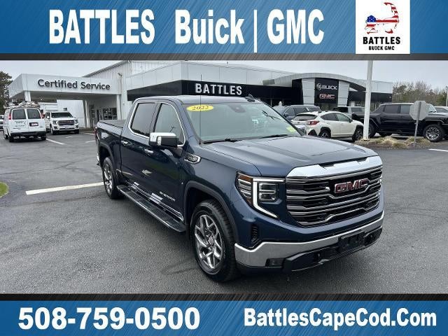 2022 GMC Sierra 1500 SLT in Pacific Blue Metallic — front three-quarter view